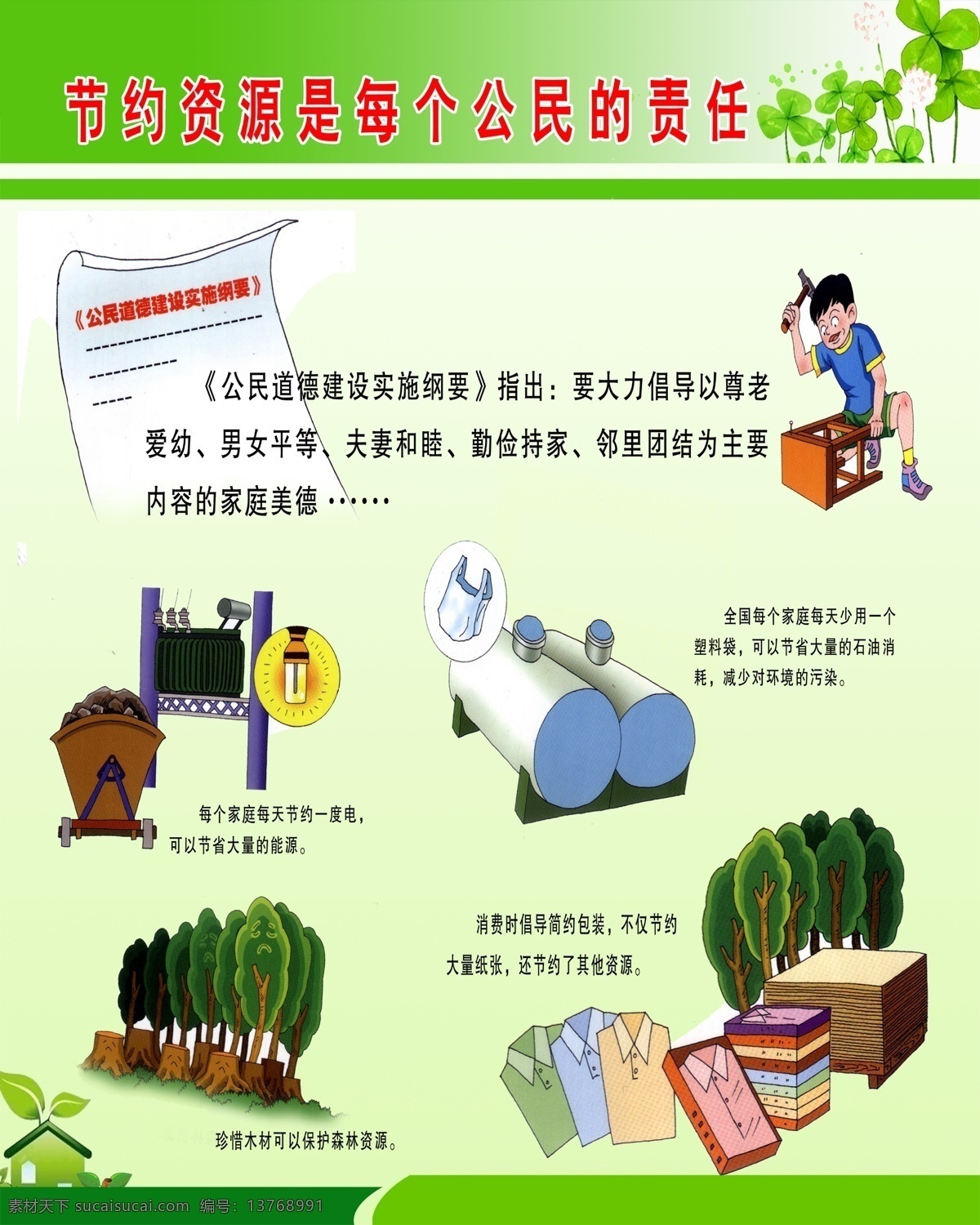 凳子 广告设计模板 花草 人物 树木 铁锤 衣服 源文件 节约 资源 公民 道德 广告 展板 中文字 变压器 石油桶 浅绿色 渐变 背景 展板模板 公益展板设计