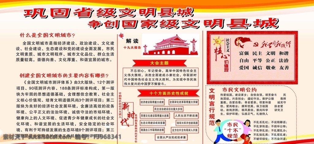 创 国家 文明 城市 创文 创卫 文明城市 十九大 社会主义 核心价值观 新时代 文明规范 展板模板