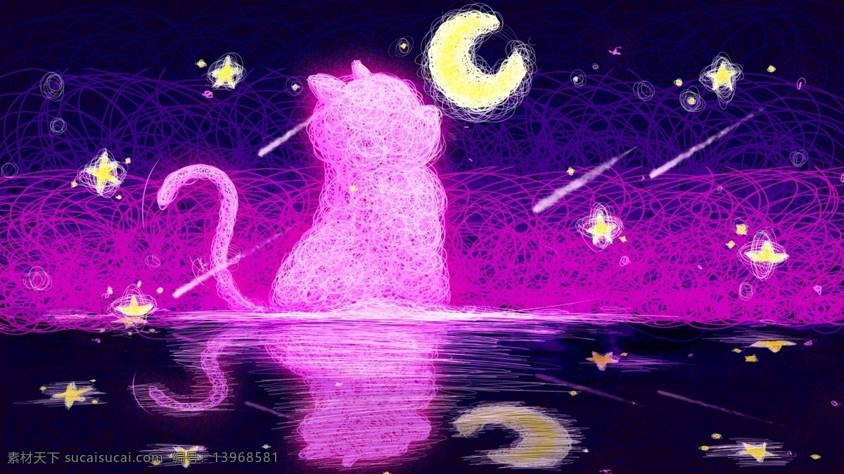 治愈 眺望 天空 猫咪 仰望 星空 线圈 插画 壁纸 动物 月亮 星星 紫色 眺望天空 机理纹理 儿童插画 萌宠 宠物 倒影 粉色 流星