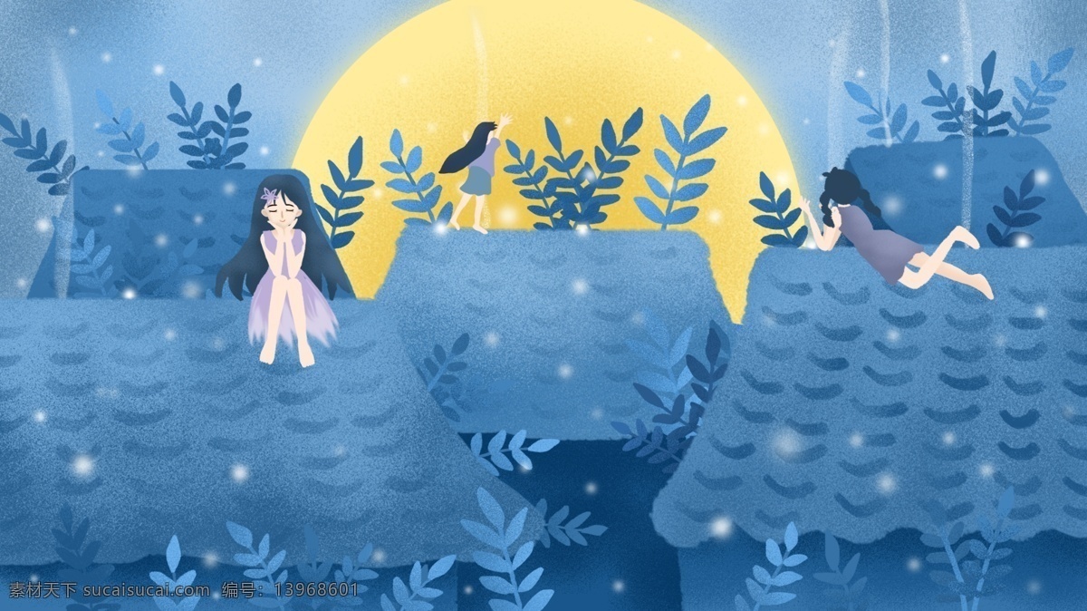 原创 插画 晚安 你好 坐在 屋顶 女孩 月亮 屋檐 晚安你好 坐在屋顶