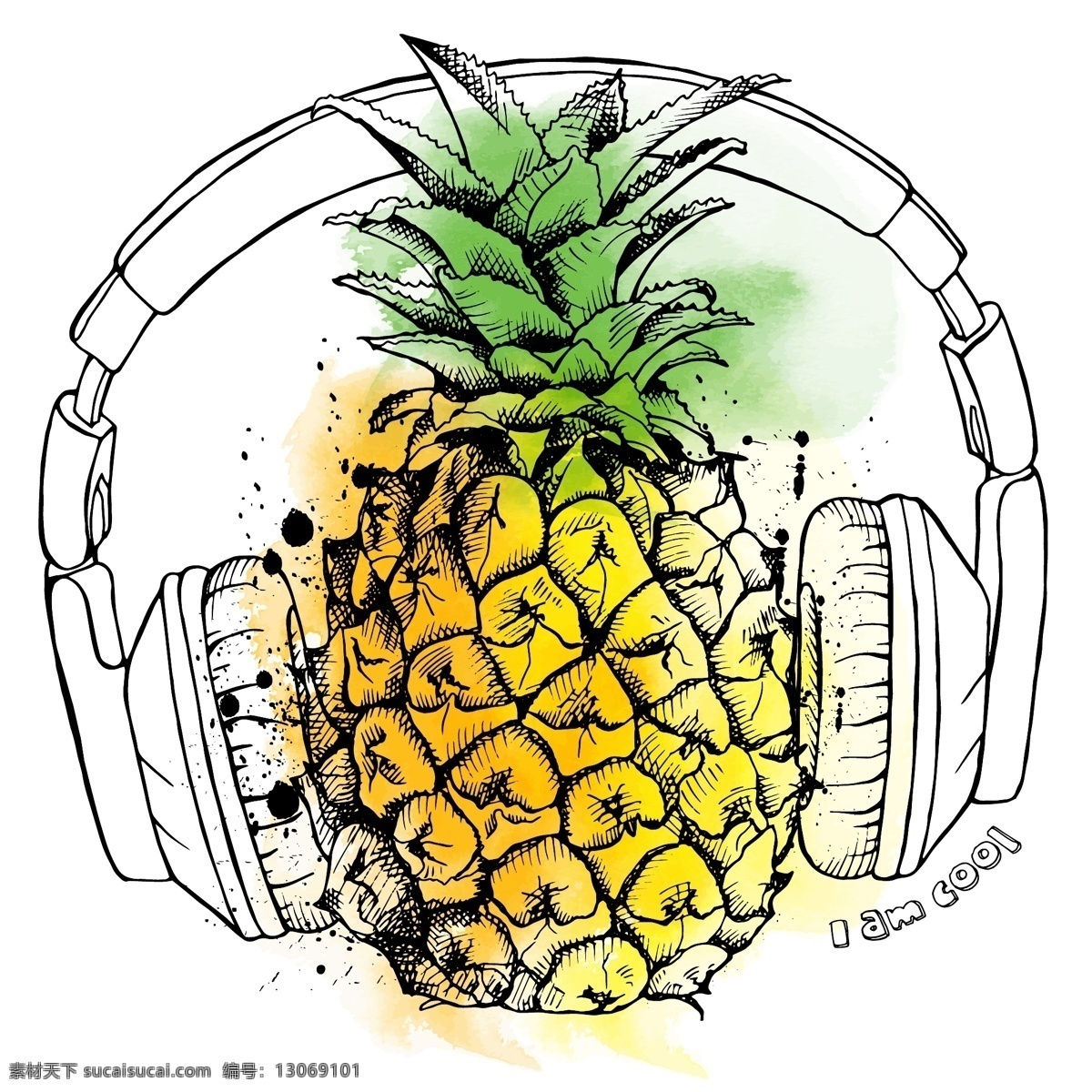 带耳机的菠萝 水果 手绘 创意 音乐 带耳机 菠萝 热带