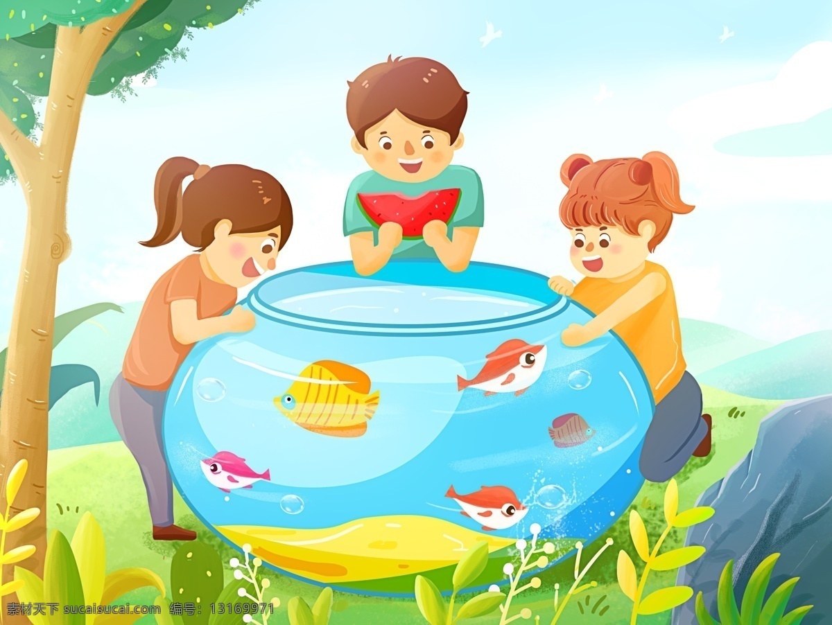 夏季 鱼缸 金鱼 插画 卡通 背景 清新 类 分层 背景素材