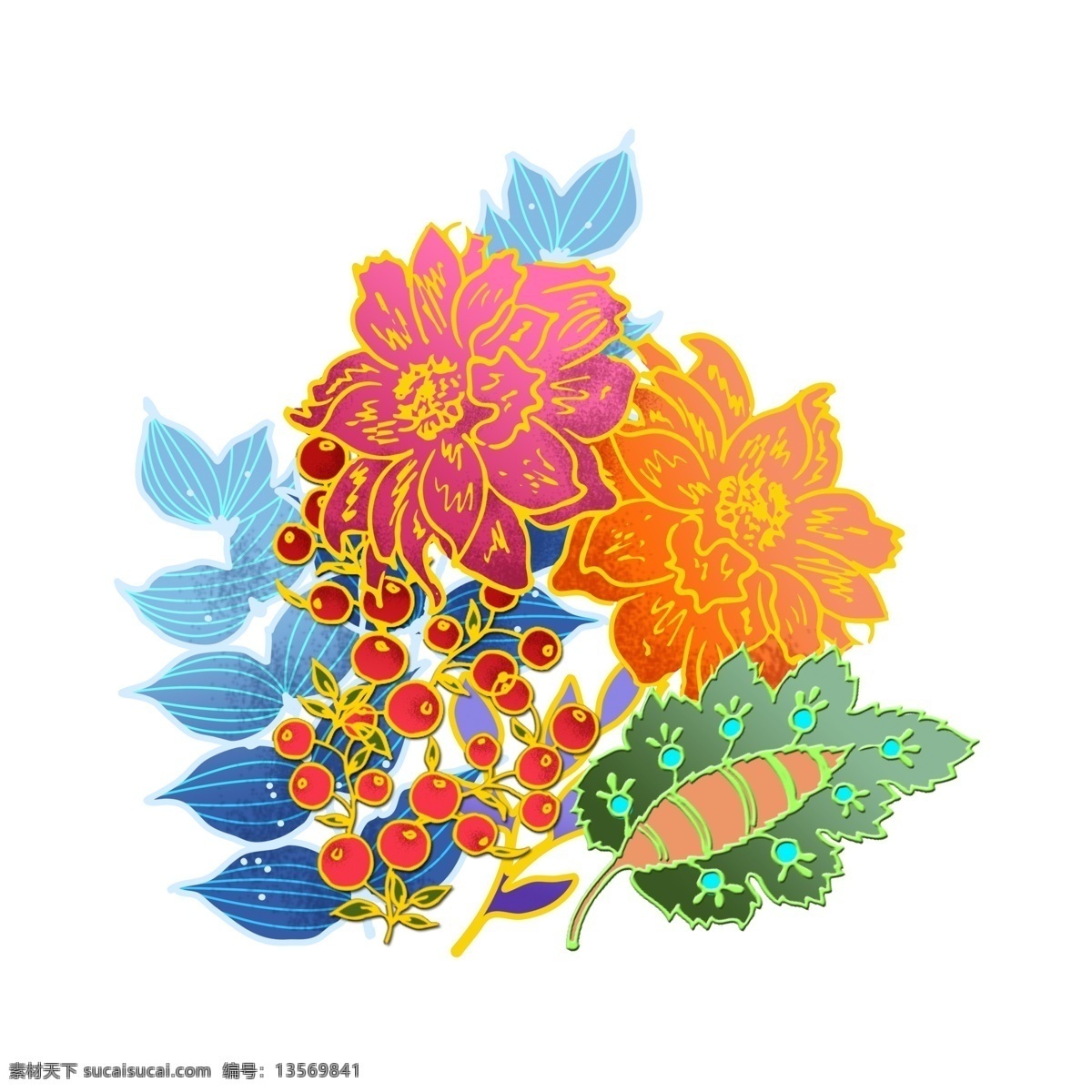 流光溢彩 红果 子 卡通 手绘 中国风 插画 植物 花卉 彩色 红果子 复古写实