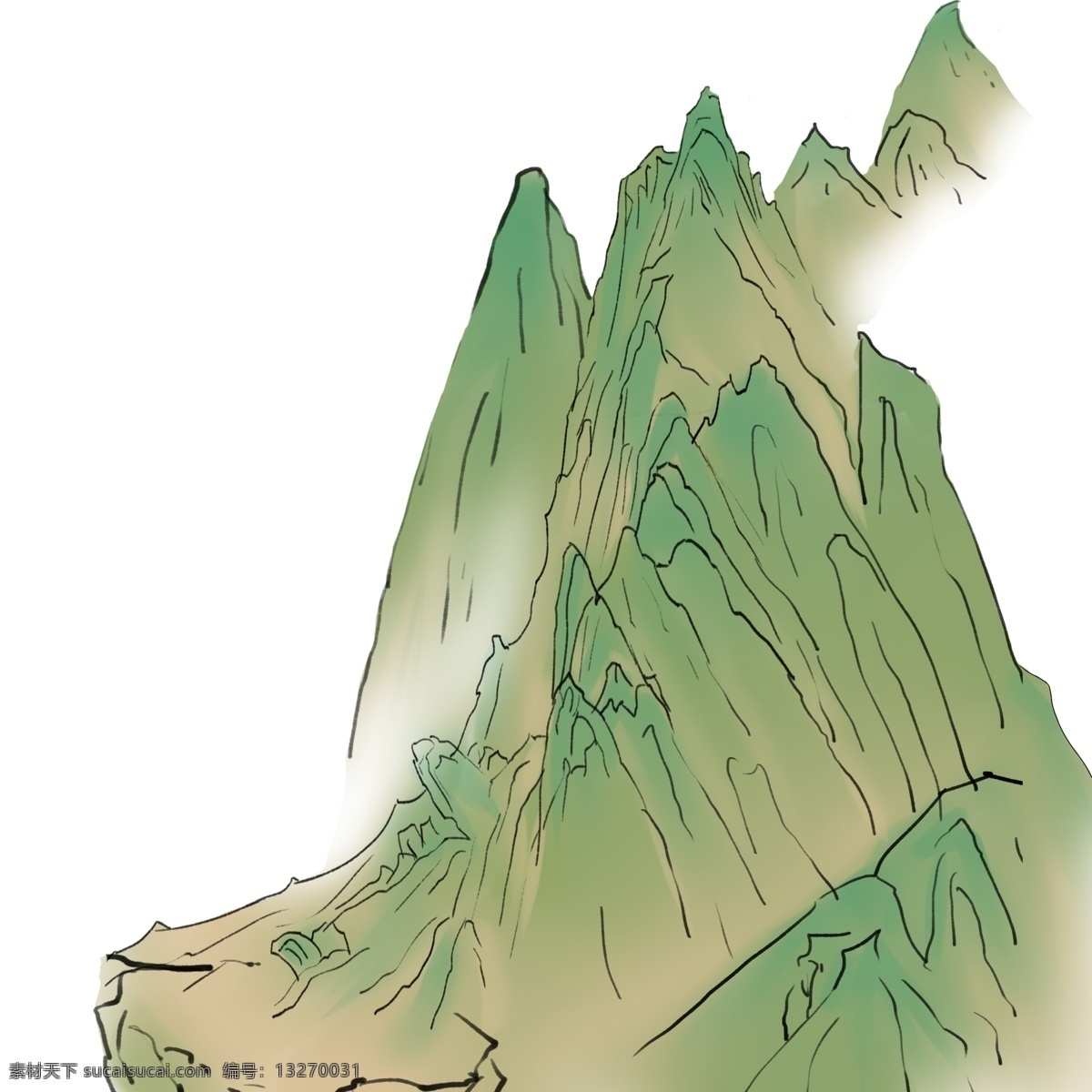 工笔画 国画 青山 插画 手绘青山 工笔 远山 山水 山 烟雾缭绕的山 绿色的山 山体 手绘山插画