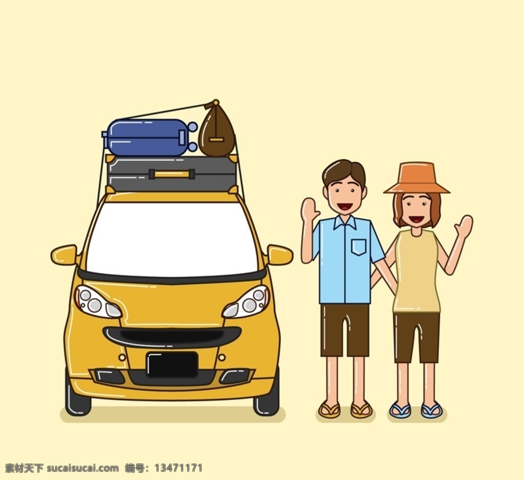 创意 自驾游 夫妇 矢量 小汽车 行李 人物图库 生活人物