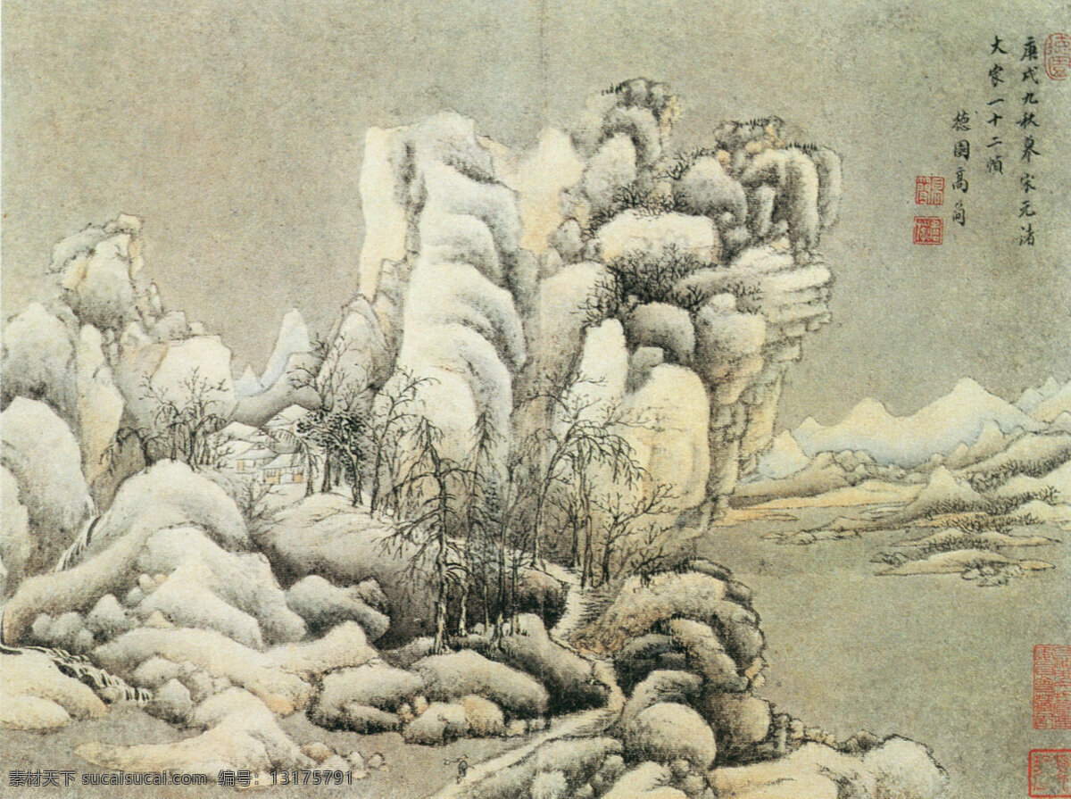 风景画 国画 国画图片 国画系列 绘画书法 山水画 模板下载 设计素材 树 竹 小屋 小路 雪岭 水 装饰画 文化艺术 设计图库 装饰素材 山水风景画