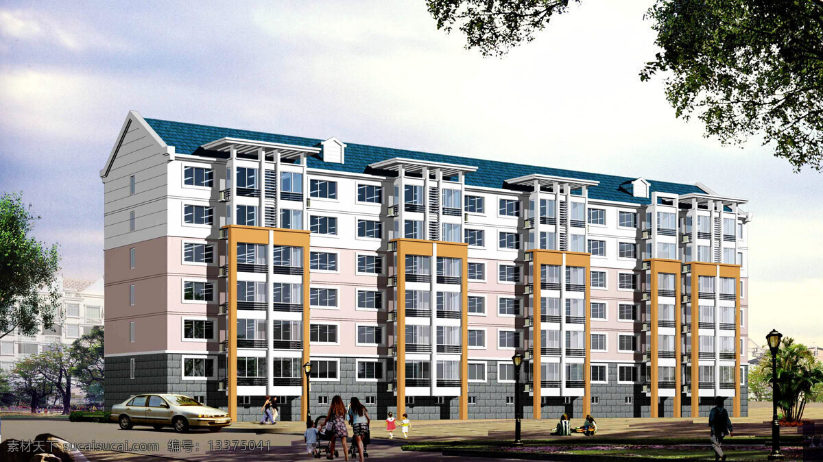草地 房屋 花草 环境设计 建筑设计 建筑效果图 楼房 绿化 楼盘图片 高级住宅楼 住宅建筑 树木 马路 行人 清新 天空 美丽小区 环境优美 建筑艺术
