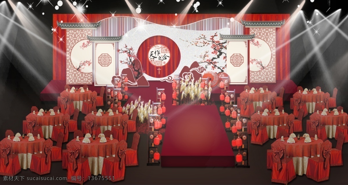 红色 徽 式 新 中式 婚礼 效果图 传统 喜庆 结婚 新中式 徽式 梅花
