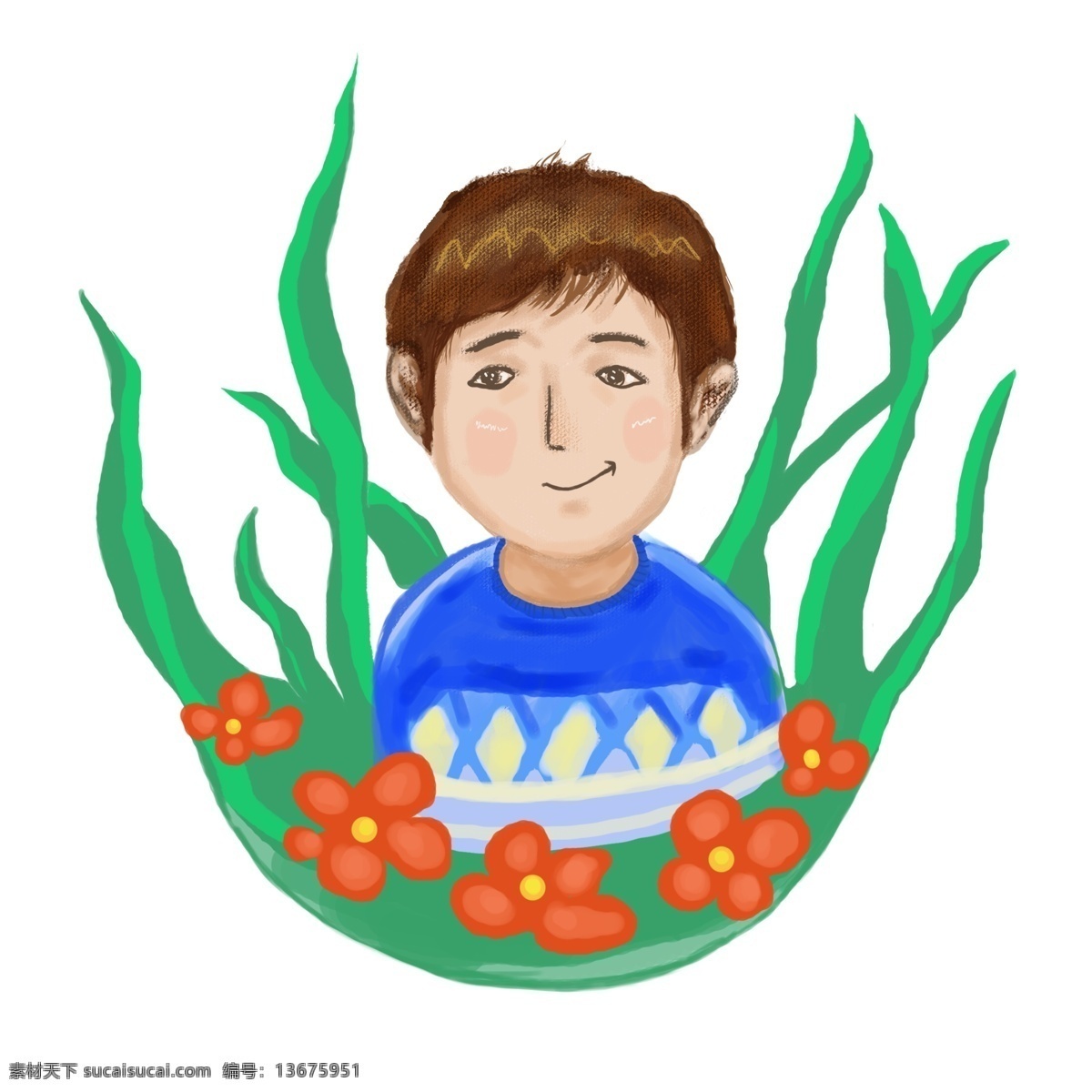 手绘 男孩 头像 元素 绿植 花朵 清新