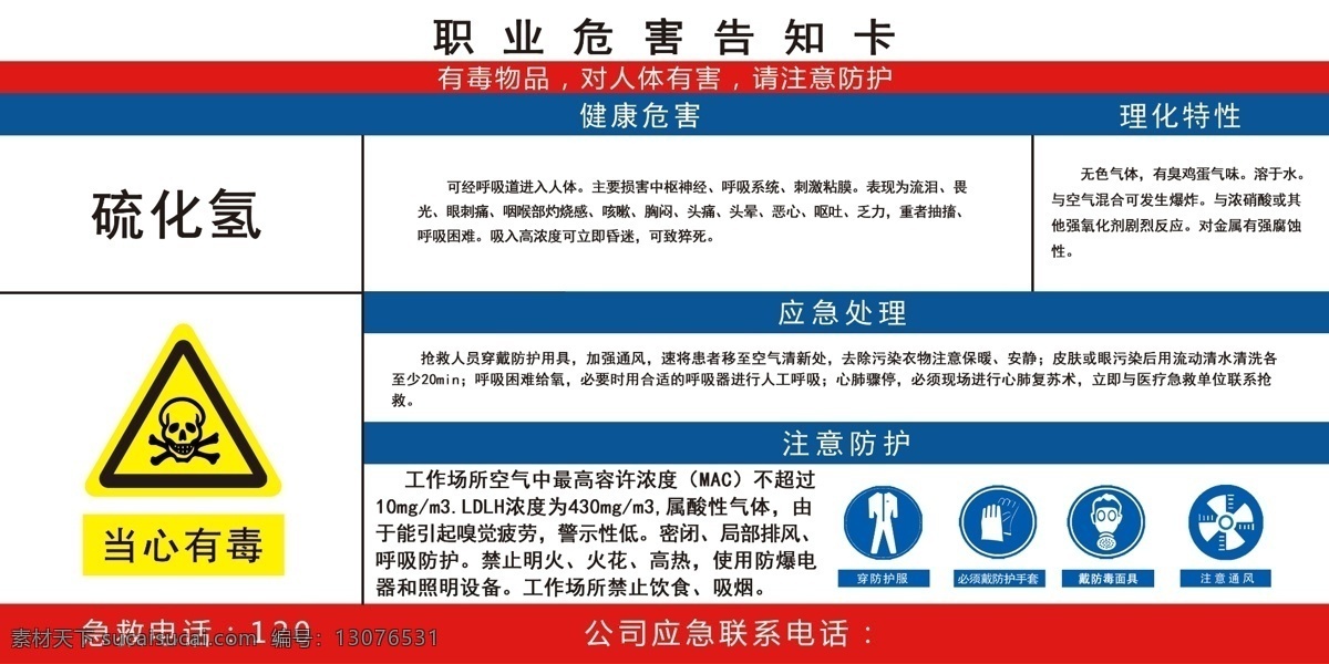 硫化氢 危害 告知 卡 职业 告知卡 当心有毒 穿防护服 防护手套 防毒面具 注意通风 健康危害 理化特性 应急处理 注意防护 名片卡片