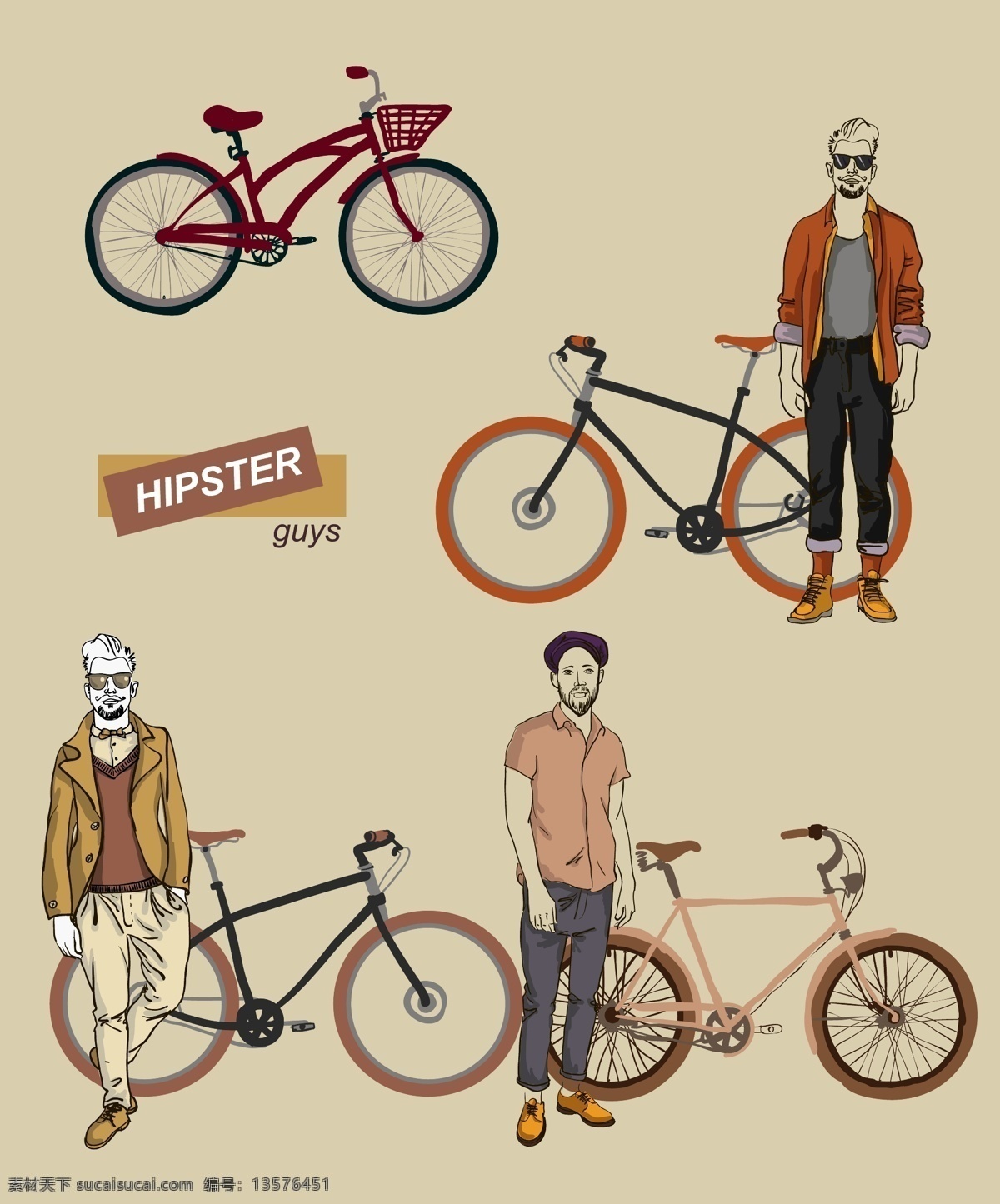 男士 自行车 矢量 人物 手绘 自行画