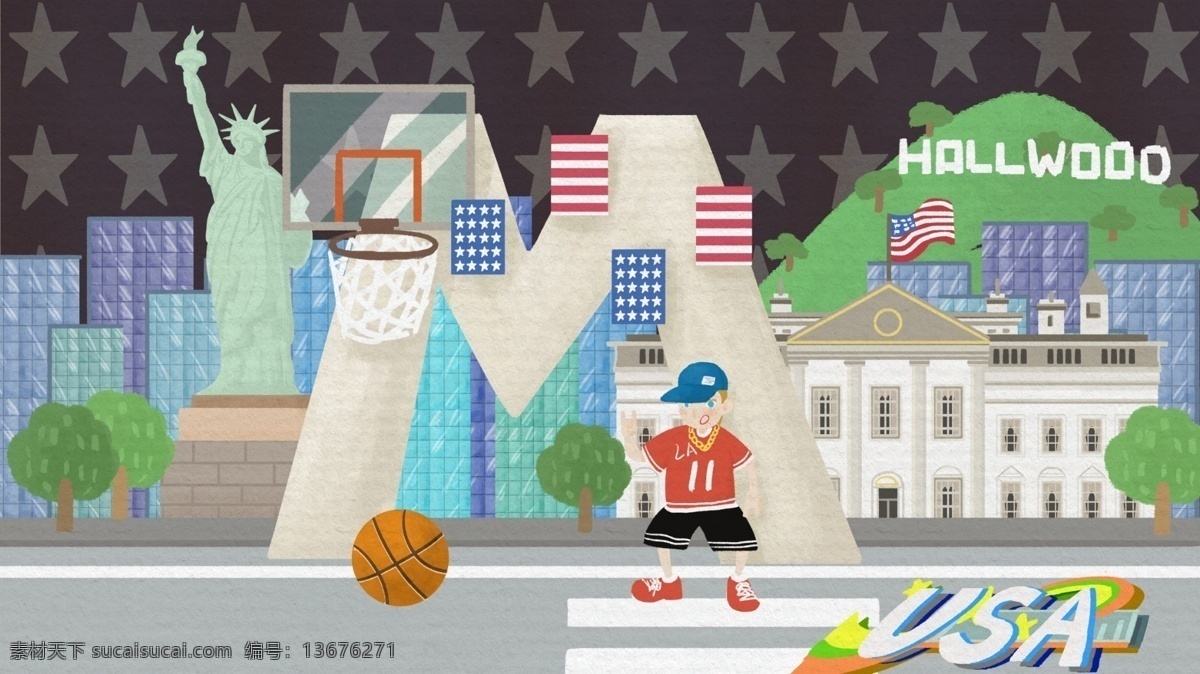 m 字母 邂逅 美国 涂鸦 篮球 国旗 国家 usa 好莱坞 nba 篮球框 嘻哈 树 白宫 自由女神像 摩天大楼 街道 街头