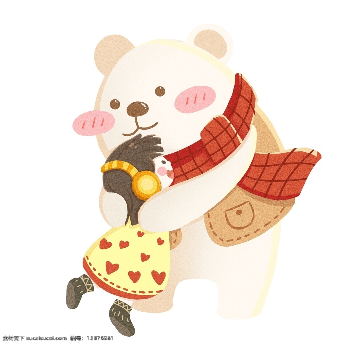 温暖 治愈 系 女孩 白熊 拥抱 卡通 插画 冬季 动物 手绘 psd设计