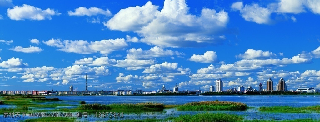 大庆湿地 蓝天 白云 水草 湖泊 高楼 建筑 城市风光 风光摄影 自然风景 自然景观