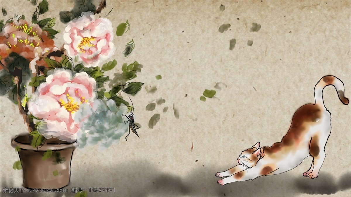 复古 风 猫咪 植物 插画 背景 插画背景 手绘背景 卡通背景 通用背景 复古风背景