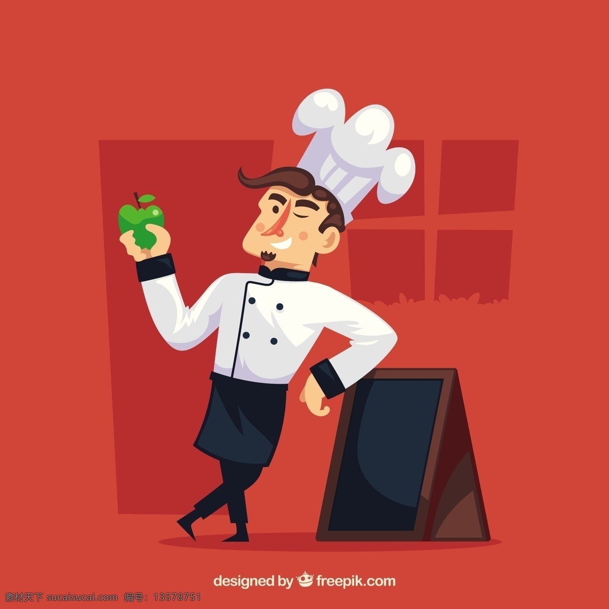 苹果 靠着 黑板 厨师 人物 插图 红色 背景 拿着苹果 靠着黑板的 厨师人物插图 红色背景 淘宝渐变背景 矢量图素材 网页素材 矢量图模板 插画素材 卡通素材 唯美背景 唯美图片