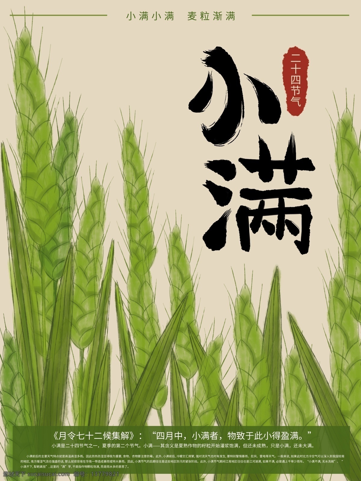 原创 清新 手绘 小满 节气 宣传海报 绿色 小麦 海报 二十四节气