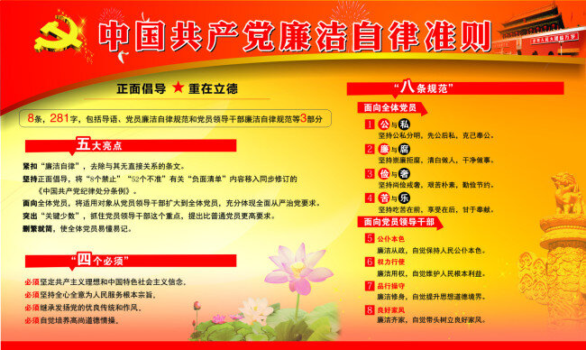 廉洁自律准则 党建 五个亮点 四个必须 八条规范 黄色