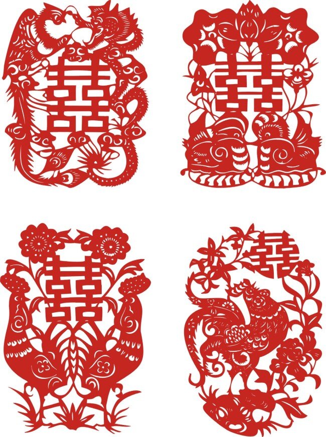 剪纸 喜字 凤凰 鸡 矢量图 艺术字