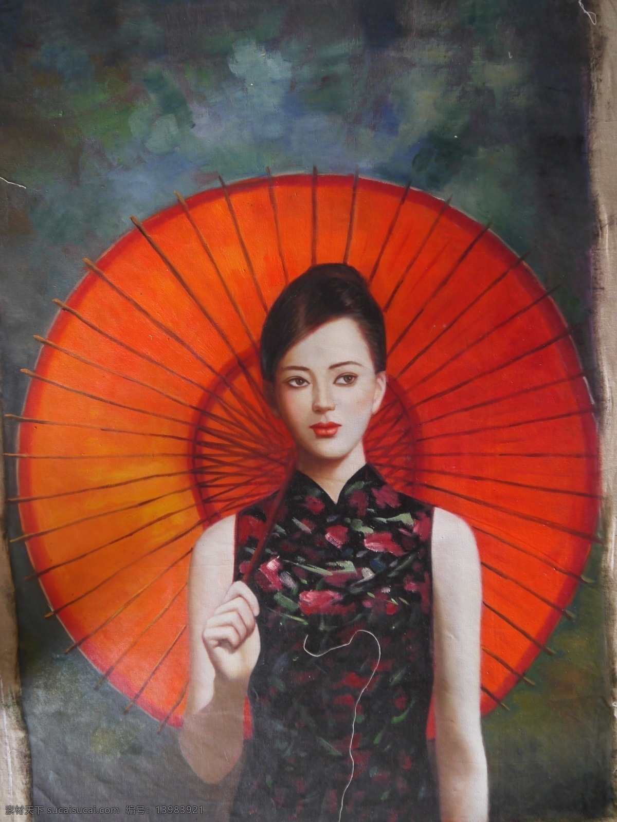 撑伞 美女 油画 旗袍 古伞 装饰素材