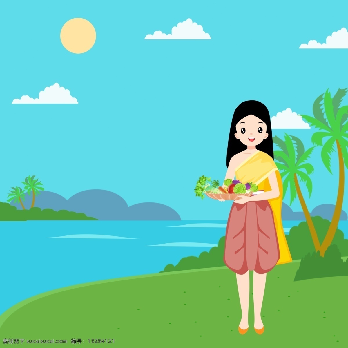 女性服装大海 人物 女性 性 国外 地区 衣服 配件 椰子树 风景 河畔 水果
