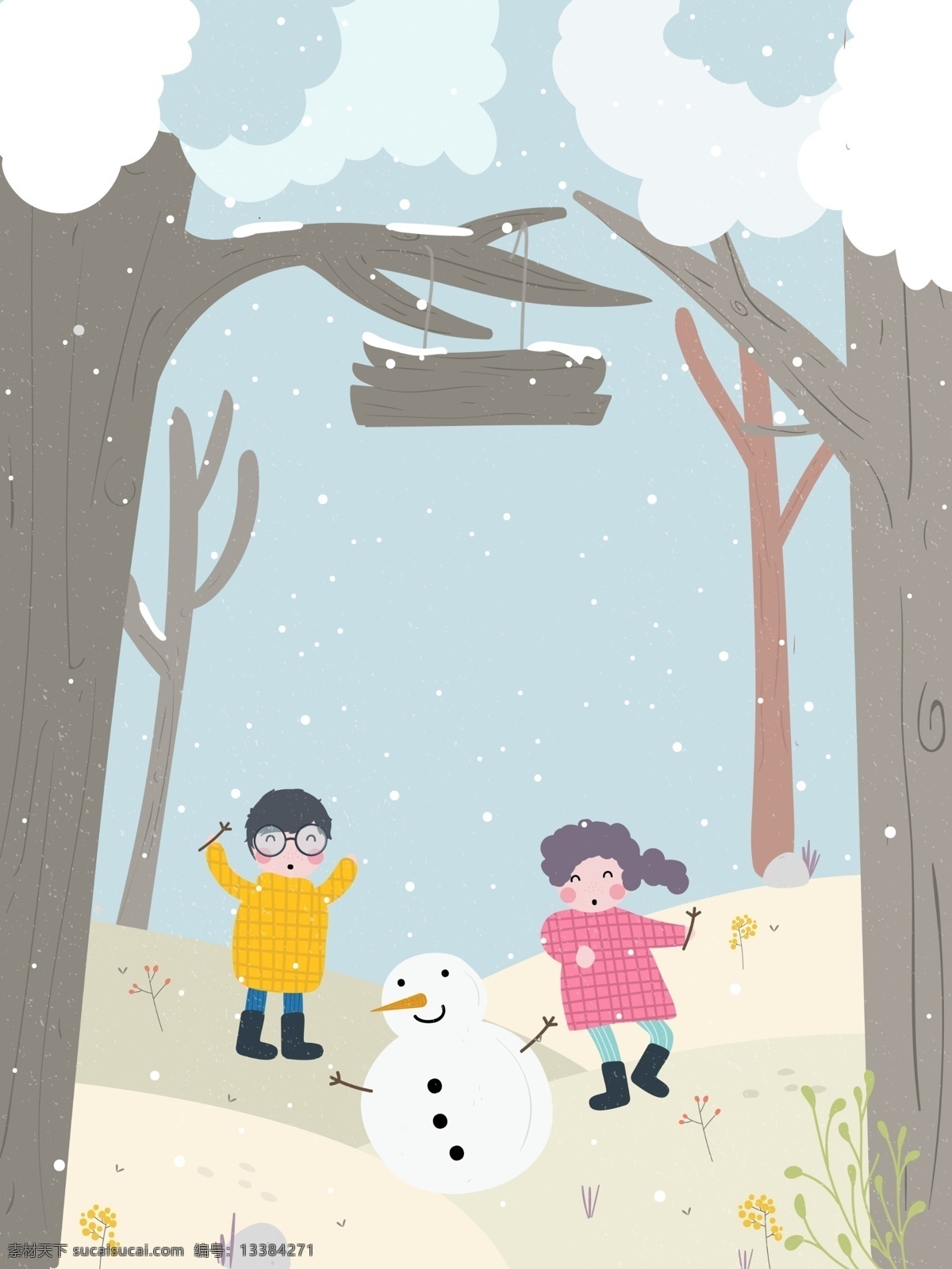 雪地 小孩 玩耍 广告 背景 广告背景 清新 树枝 森林 雪花 雪人 下雪 手绘