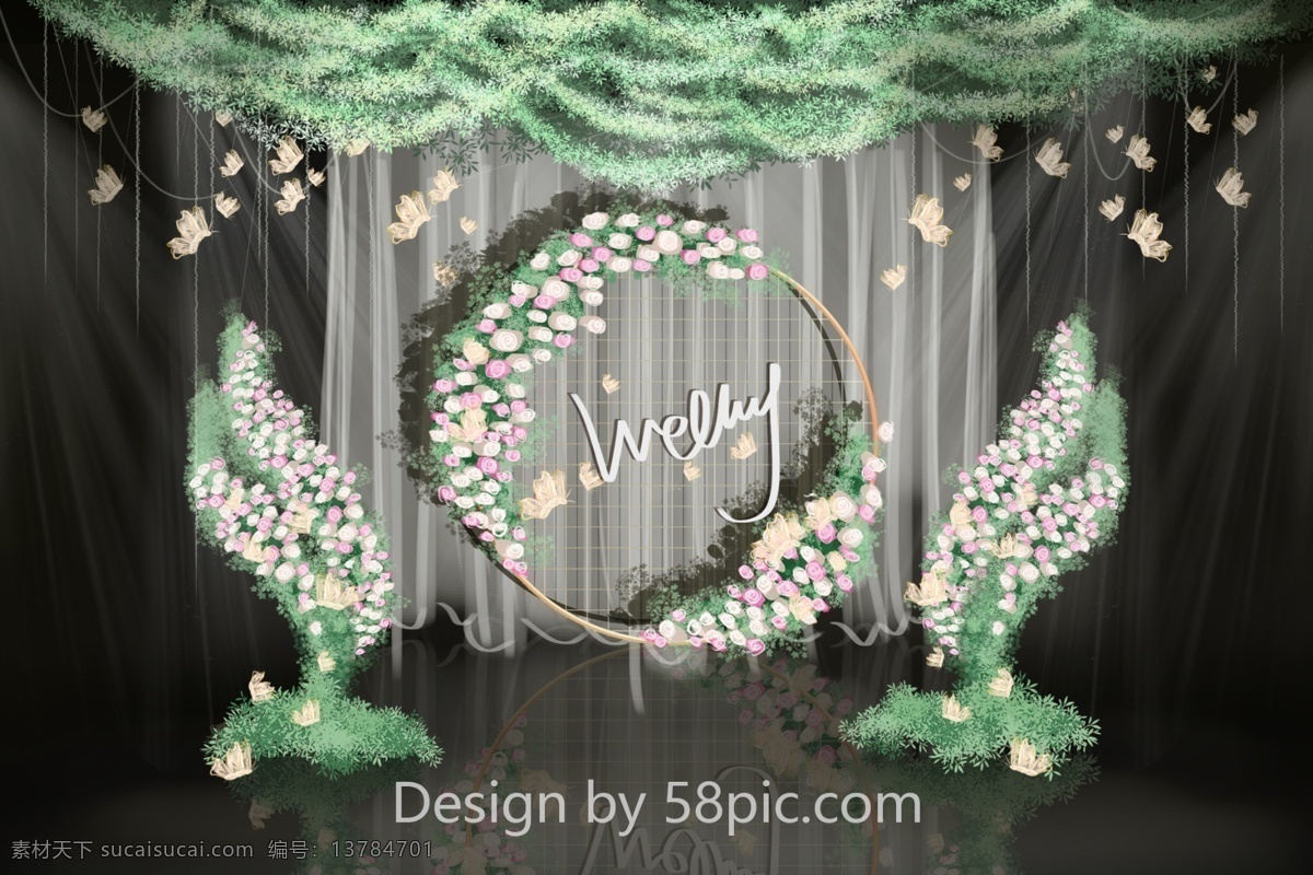 森 系 浪漫婚礼 效果图 纱幔 布幔 小清新 蝴蝶 吊顶 迎宾区 线帘