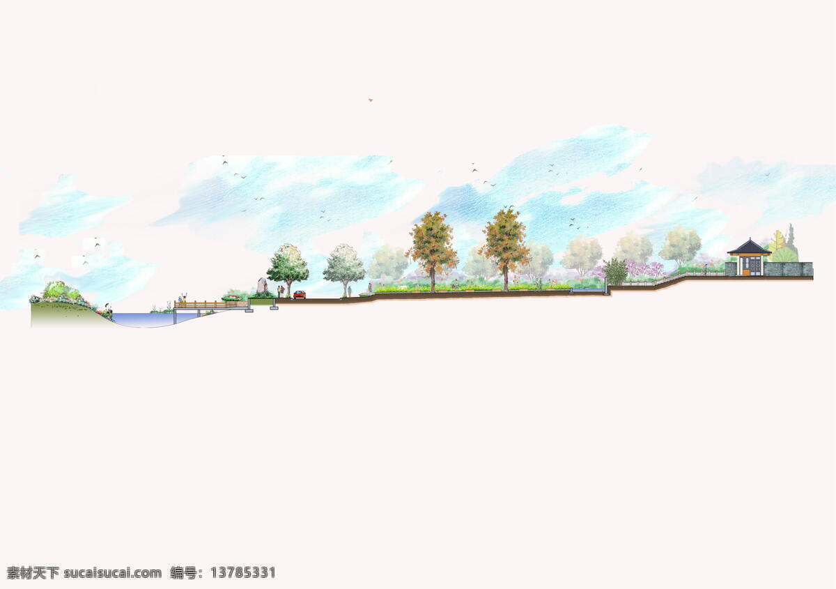 手绘 风格 剖面图 银杏 高差处理 古朴风格 风景区 景观设计 环境设计