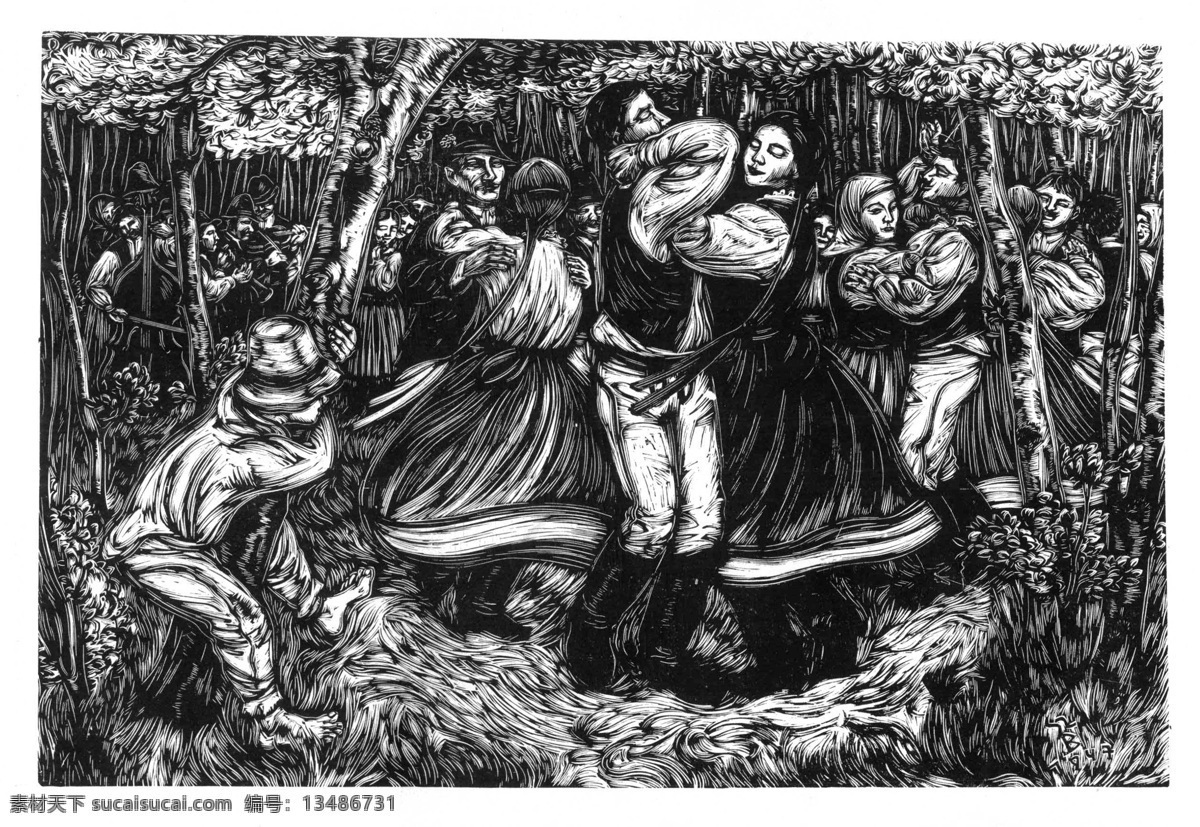 舞蹈图片 版画 黑白画 绘画书法 罗马尼亚 文化艺术 舞蹈 装饰画 木刻版画 雕版 现代 psd源文件