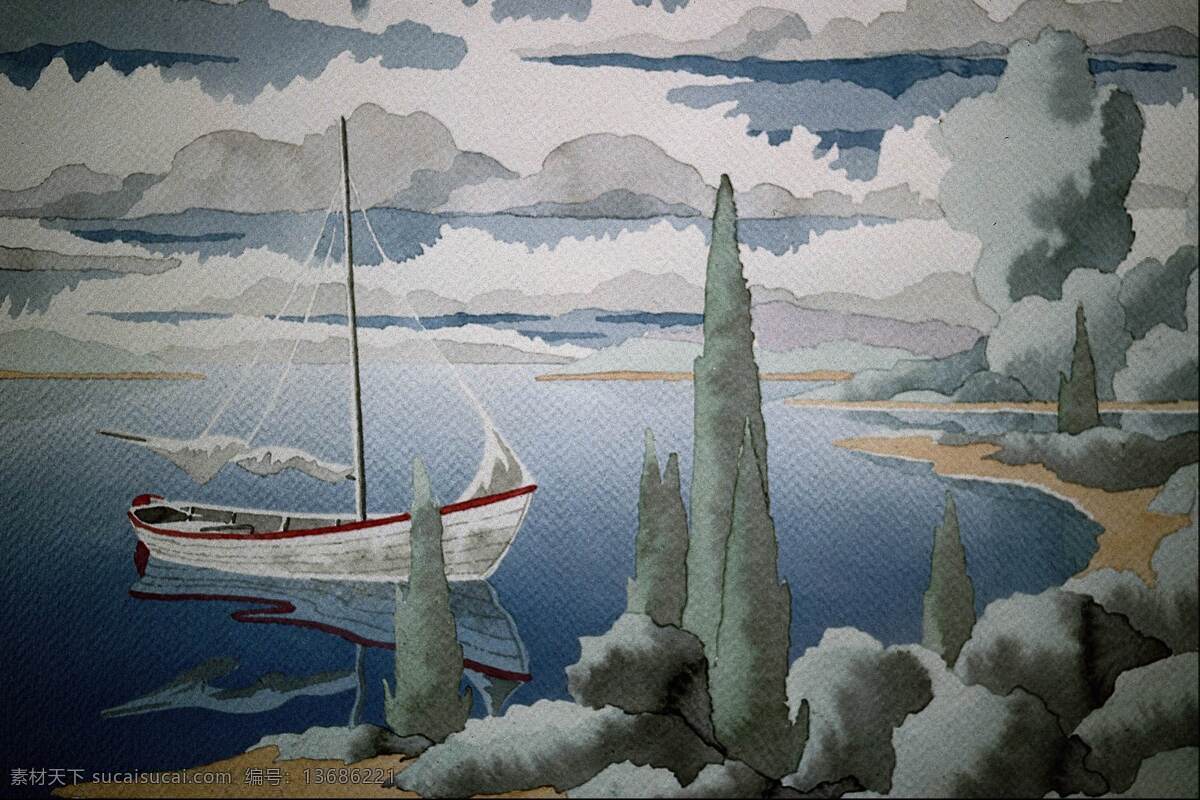 背景 抽象 创意 创意背景 倒影 风景 湖泊 环境 设计素材 模板下载 小船 树木 天空 漫画 油画 创意设计 图 文化艺术 绘画书法 设计图库 psd源文件