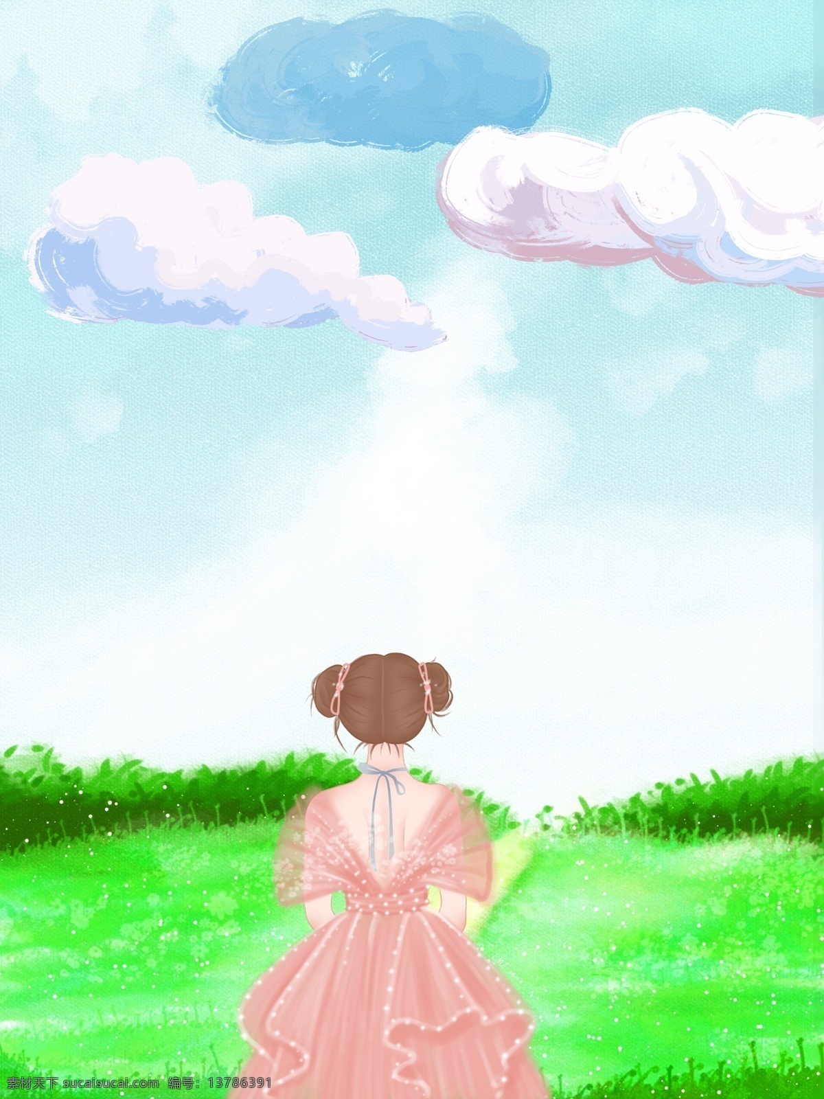 女孩背影 女孩 粉色纱裙 背影 小清新 蓝天 白云 粉色 绿色 插画 海报