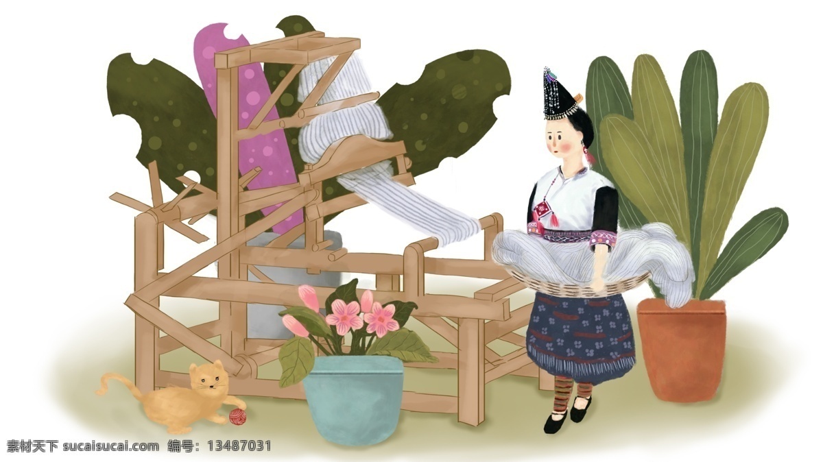 简约 清新 民族 特色 纺织 布 场景 插画 小清新 绘画 花盆 公众号配图 配图 女孩猫咪