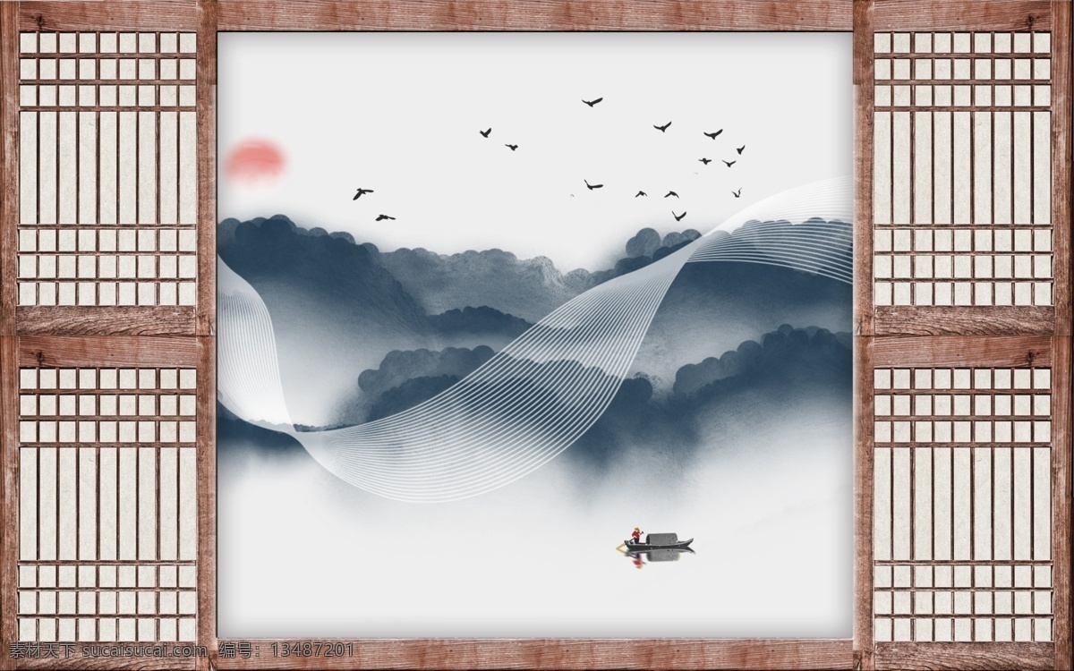 中式 木框 山水 创意 线条 玄关 屏风 电 电视背景 壁画