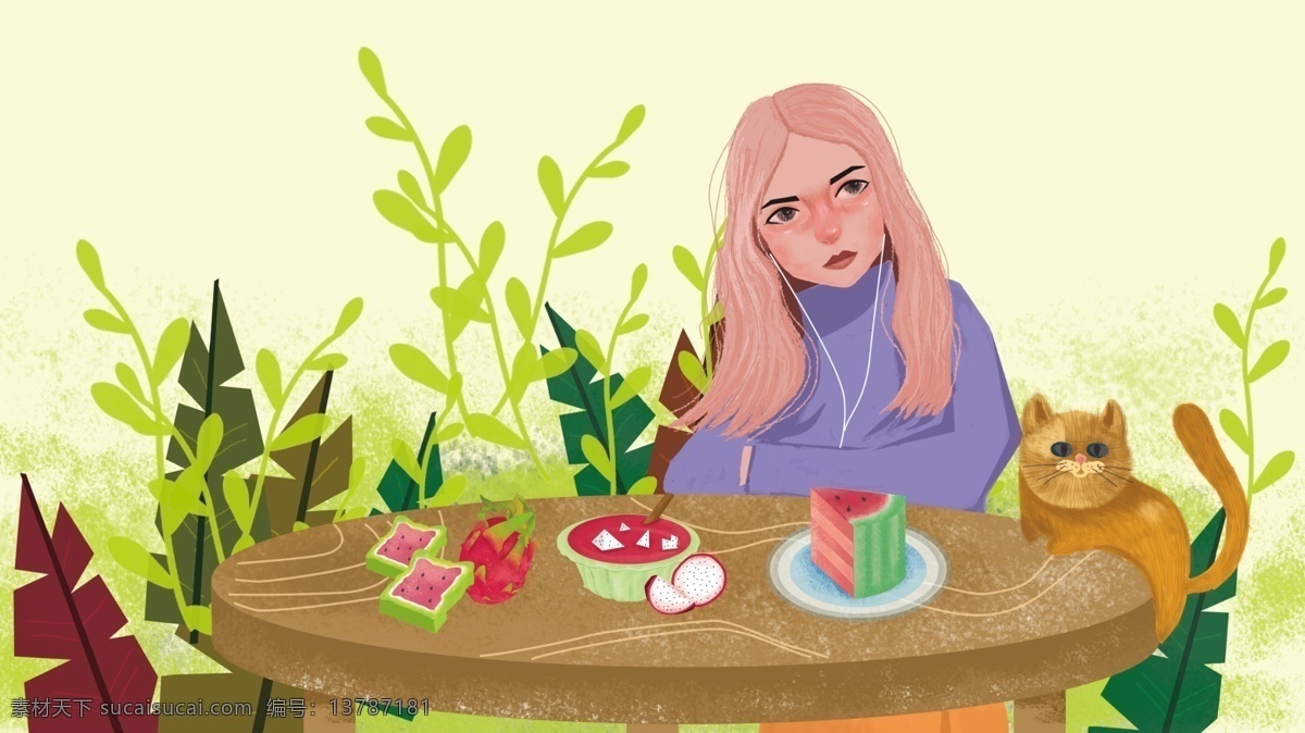 原创 插画 美食 女孩 猫 蛋糕 西瓜 火龙果 植物 树叶 原创手绘 手绘女孩 手绘美食 手绘桌子 木桌 手绘植物 手绘树叶 手绘小猫 单身日常 女孩日常 清新插画