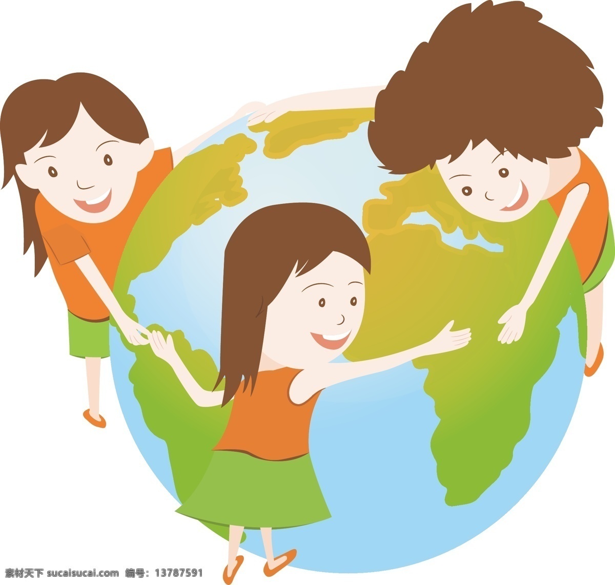 手绘 围着 地球 三个 女孩 手绘人物 世界地球日 卡通女孩 绿色地球 环境保护 人物插画