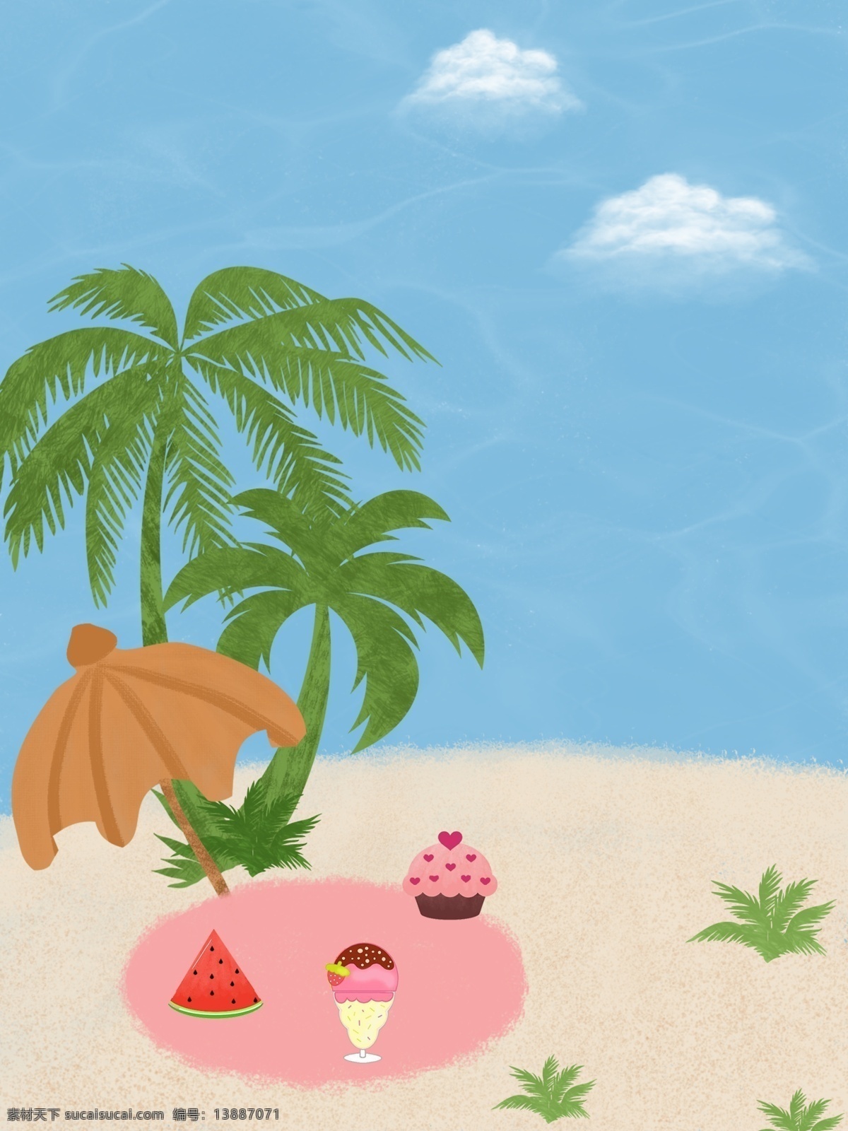 夏日 沙滩 海边 手绘 清凉 装饰画 小清新 夏天 水果