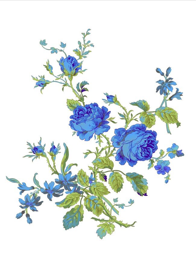 蓝色 精美 鲜花 花卉 手绘图 蓝色精美鲜花 手绘 分层 家居装饰素材
