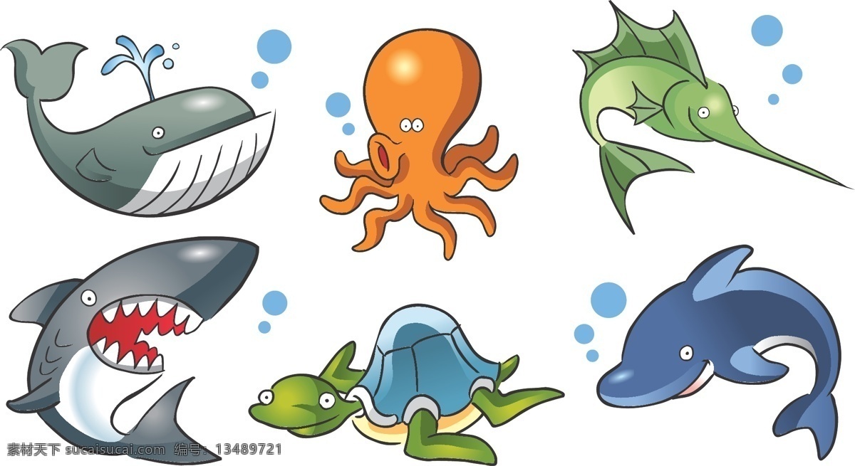 卡通海洋生物 卡通 可爱 海洋生物 鲸鱼 章鱼 鲨鱼 乌龟 海龟 动物 海豚 金枪鱼 矢量动物 其他生物 生物世界 矢量