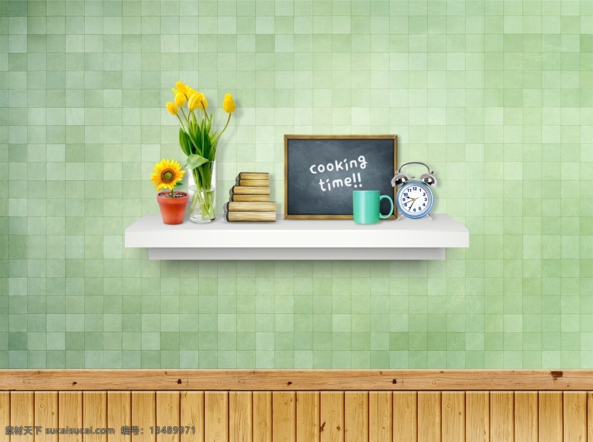 背景墙 清新 绿色 画板 书籍 茶杯 闹钟 分层 背景素材