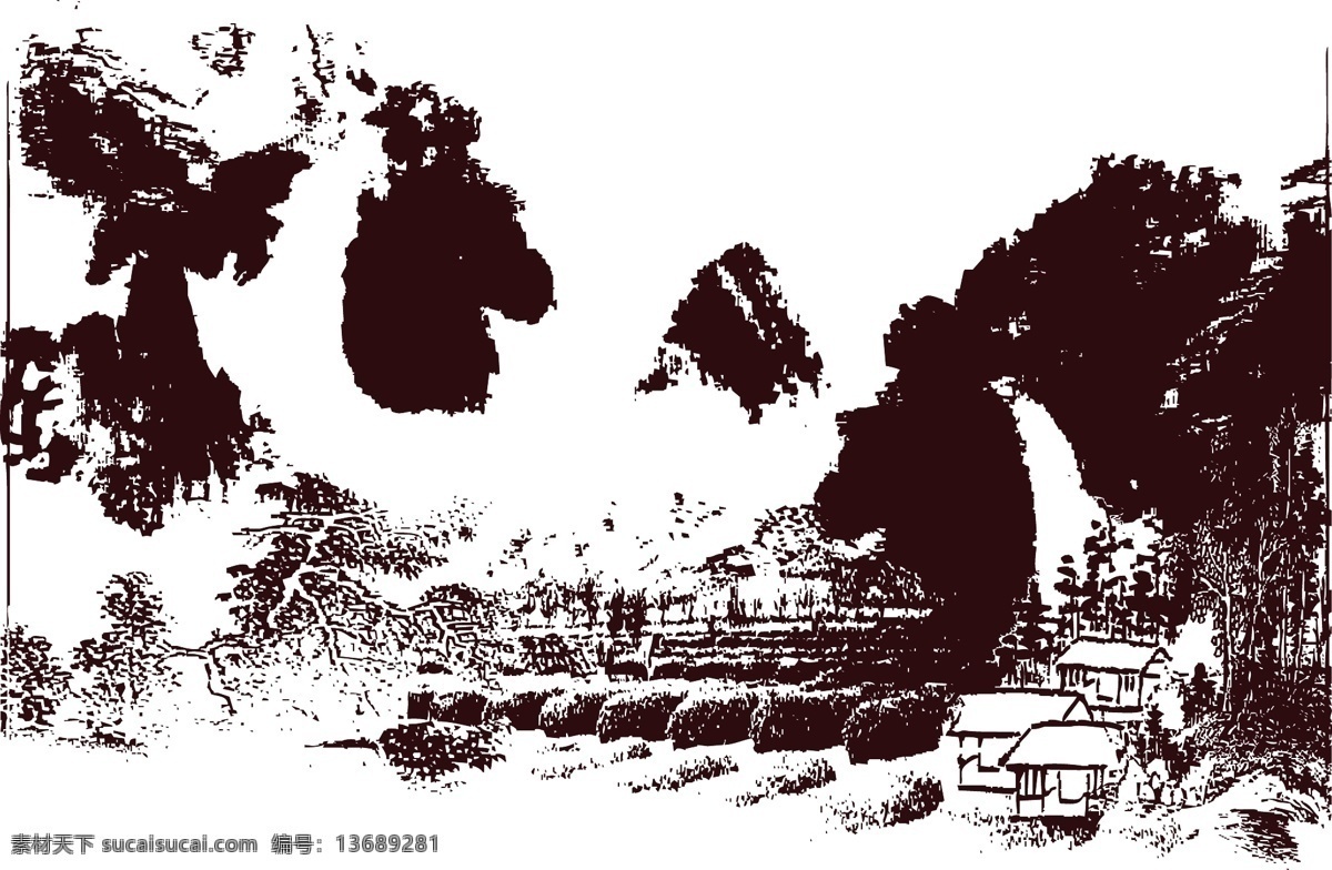 茶山矢量 水墨画风景 国画 国画艺术 中国风 文化 画 中国画 水墨 绘画书法 文化艺术 美术绘画 矢量 山水风景 自然景观