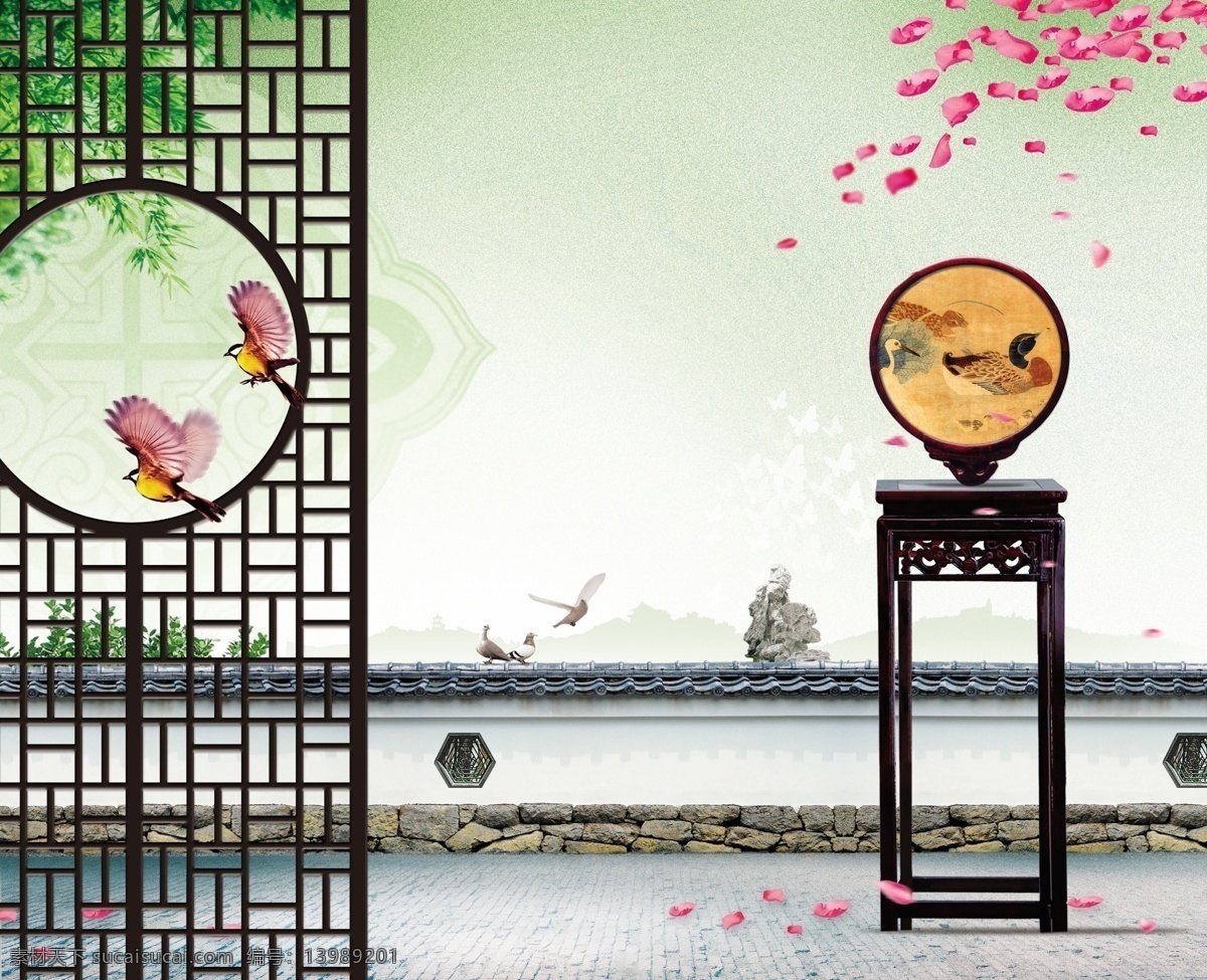 九峰源 屏风 桌子 围墙 鸟 底纹 花瓣 地板 源文件 分层