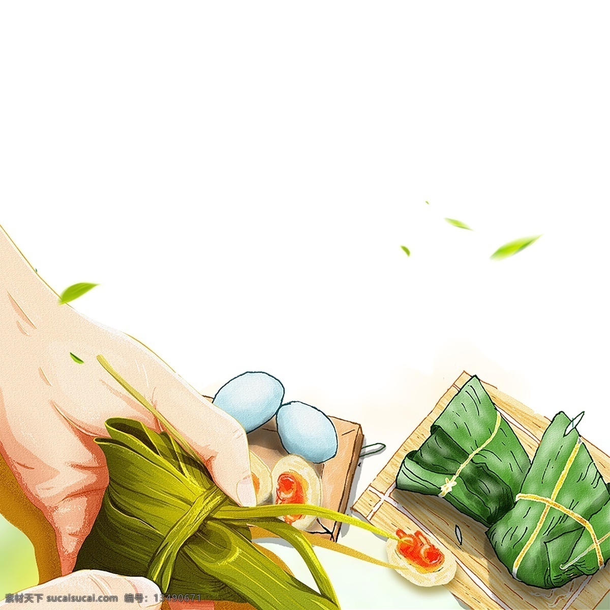 温馨 包 粽子 装饰 元素 装饰元素 手绘 食物 鸡蛋 糯米 树叶
