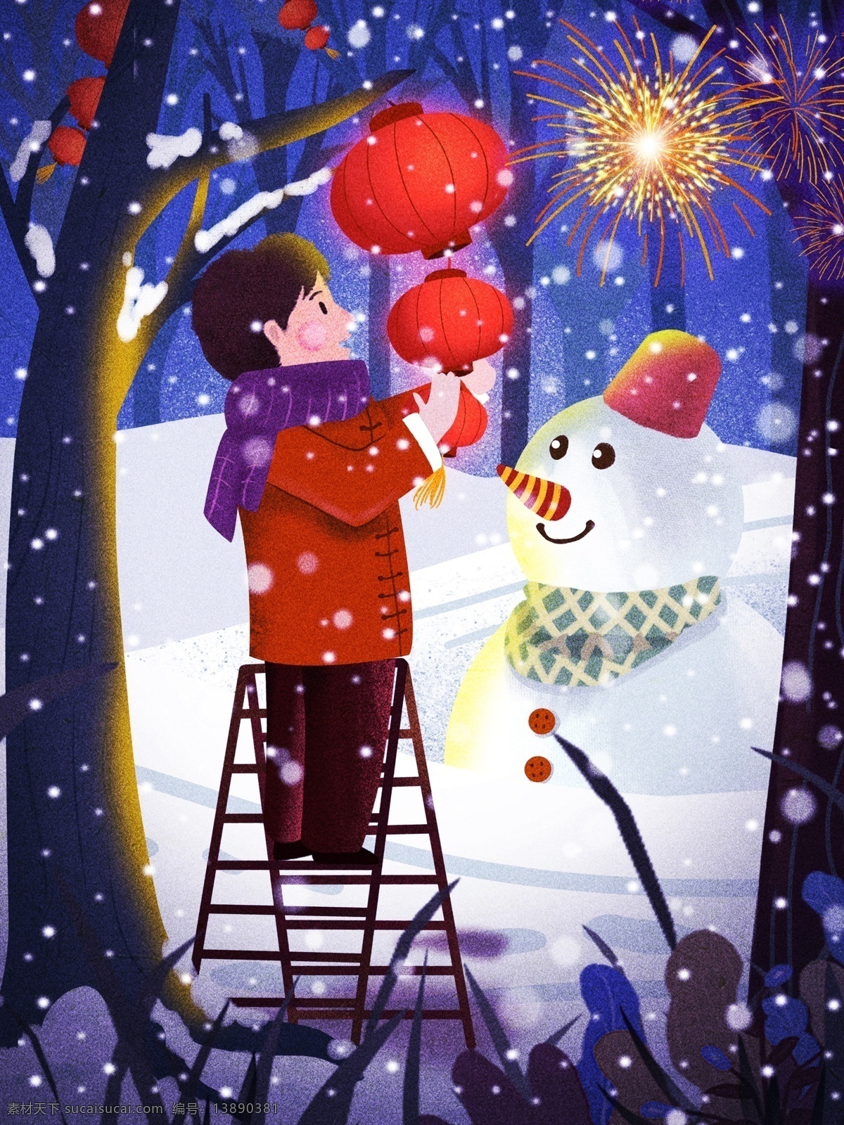 原创 插画 新年 除夕夜 挂 灯笼 新年快乐 烟花 鞭炮 挂灯笼 猪年 猪年快乐 雪人 冬日