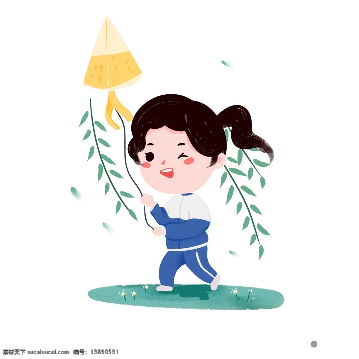 春天 春游 草地 风筝 女孩 学生 卡通 插画