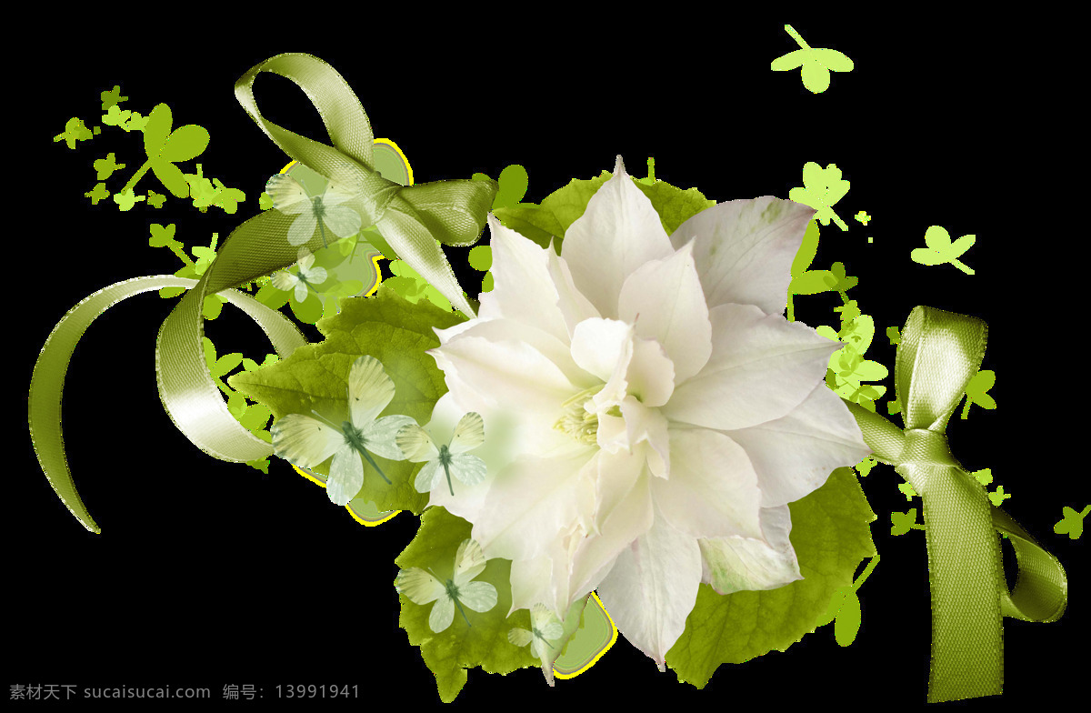 素净 韩风 绑带 花卉 透明 一朵花 绿叶 丝带 蝴蝶 透明素材 免扣素材 装饰图片