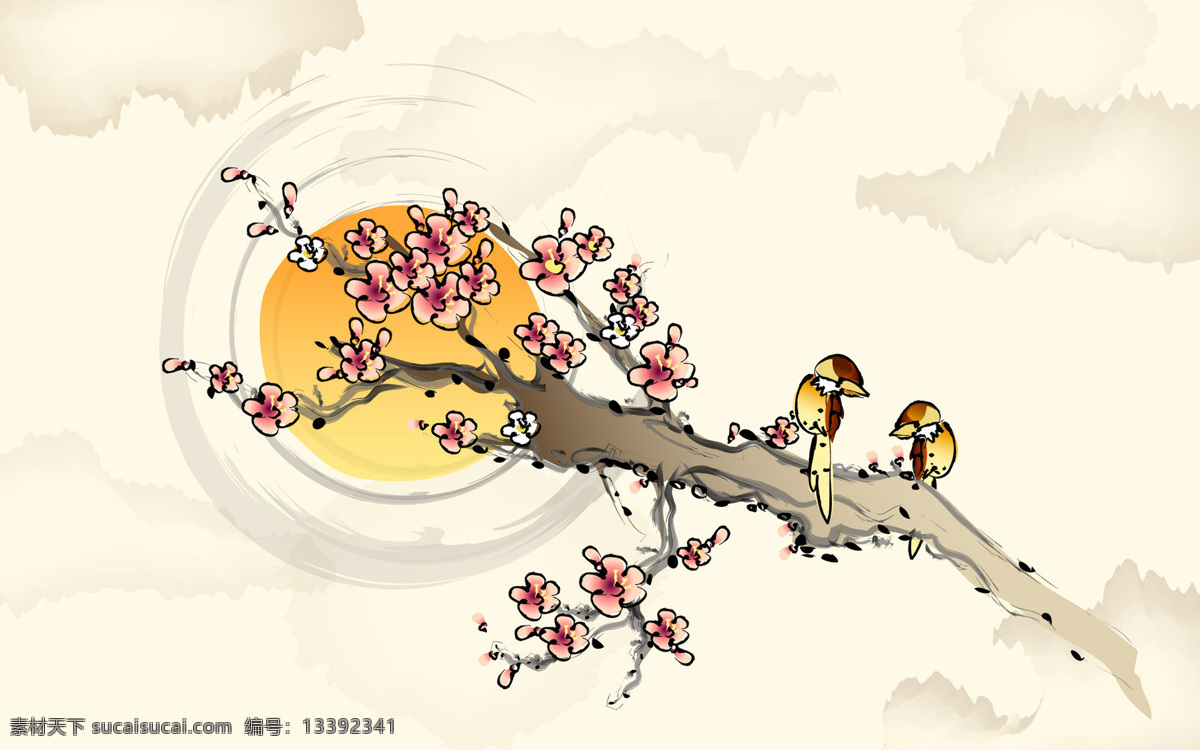 梅 花枝 上 小鸟 背景 壁纸 底图 工笔 工笔画 国画 梅花 中国画 桌面壁纸 装饰素材 室内装饰用图