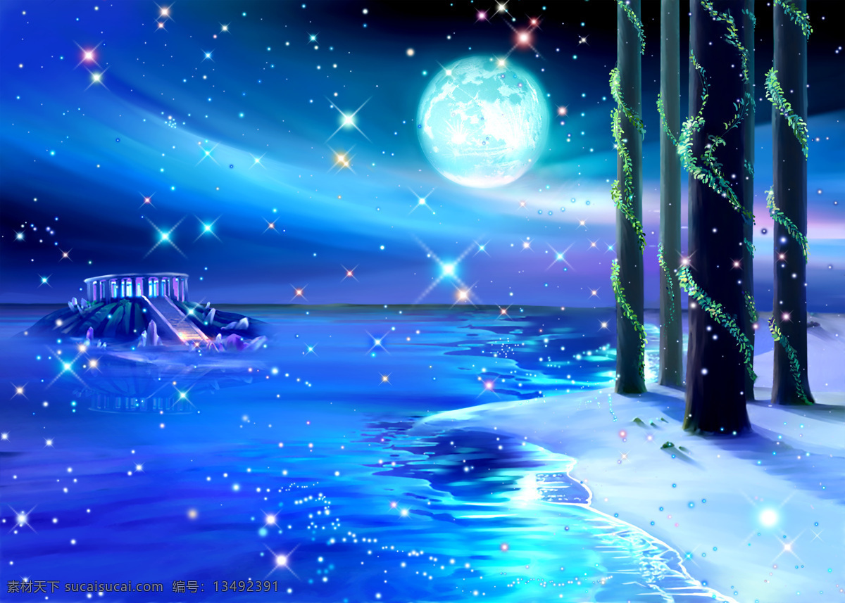 唯美璀璨星空 圆月 大海 树木 梦幻星空 动漫动画 风景漫画 设计图库