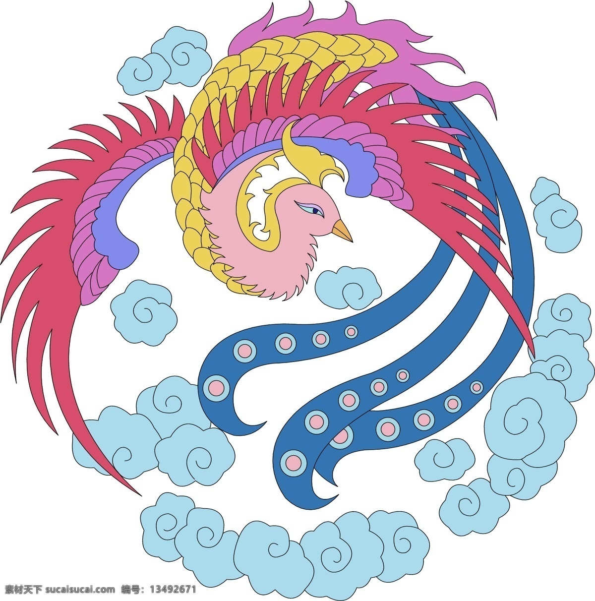 神鸟兽 彩色神鸟 天空蓝色云彩 粉色翅膀 中国 传统 龙凤 图案 传统文化 文化艺术 矢量