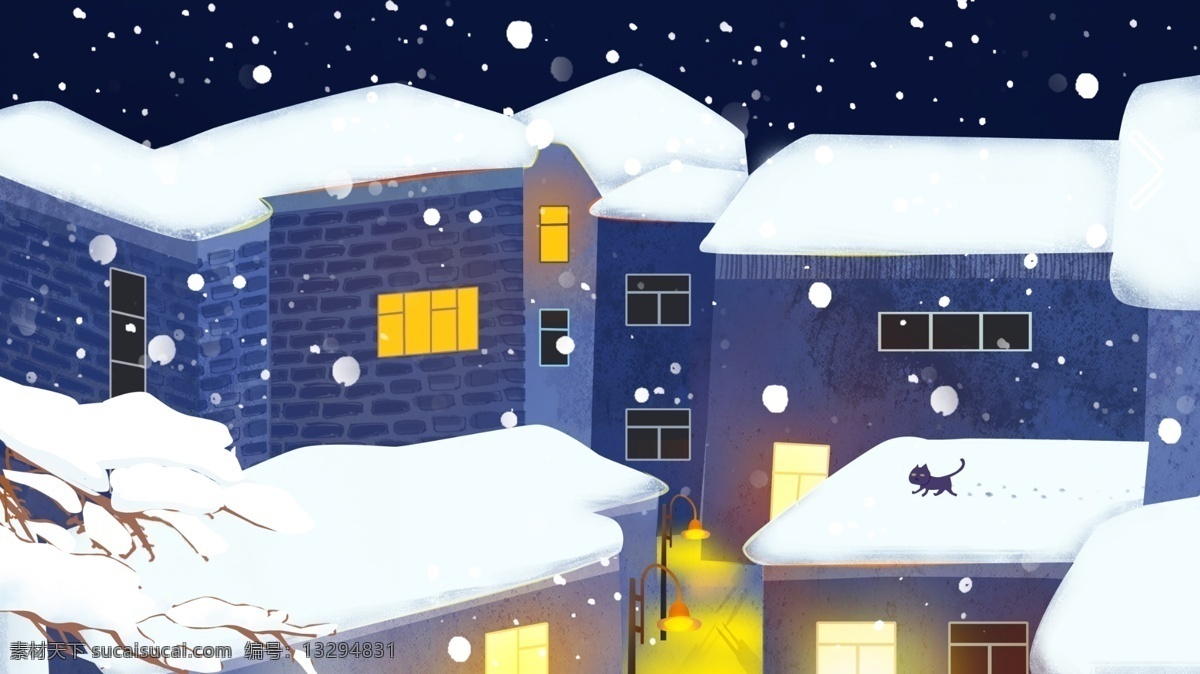 手绘 大雪 中 城市 灯光 背景 冬天背景 广告背景 背景素材 大雪节气 雪屋 冬季背景 冬天到了 中国传统节气 节气背景 传统节气 24节气