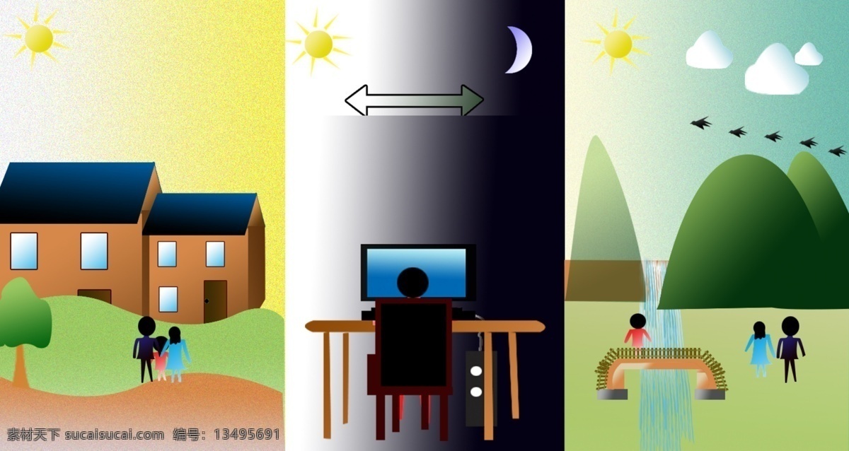 人生 常见 简单 插画 人物 渐变 亲人 美景 积极向上 不同色系 不同板块 工作 立体感房子